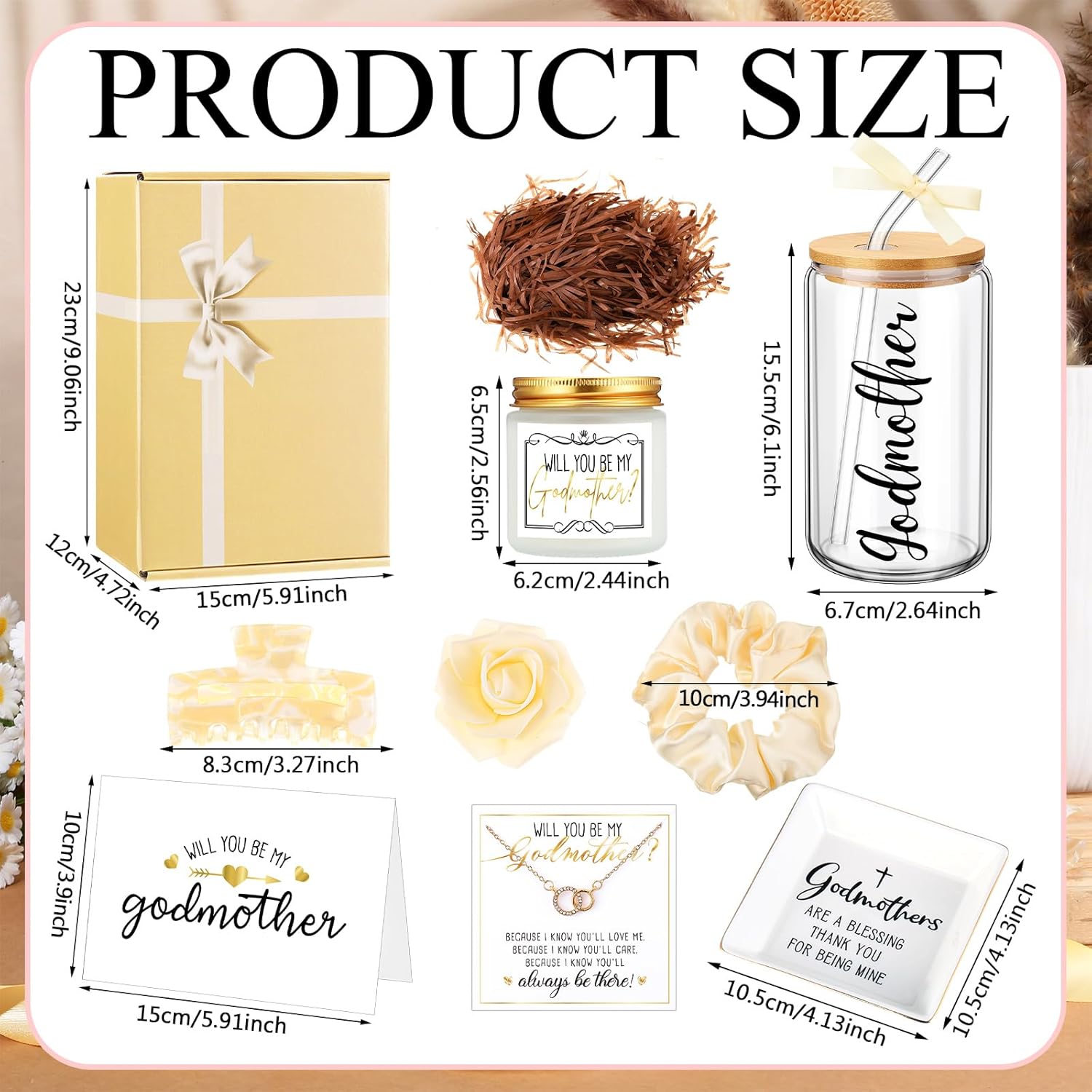 Honeydak 8 Pcs Godmother Proposal Gift Set Will You Be My Godmother from Godchild 16oz Glass Cup Necklace Trinket Ring Dish Gift Box for Mother's Day Birthday Baptism Christmas(Champagne Gold) - Image 3