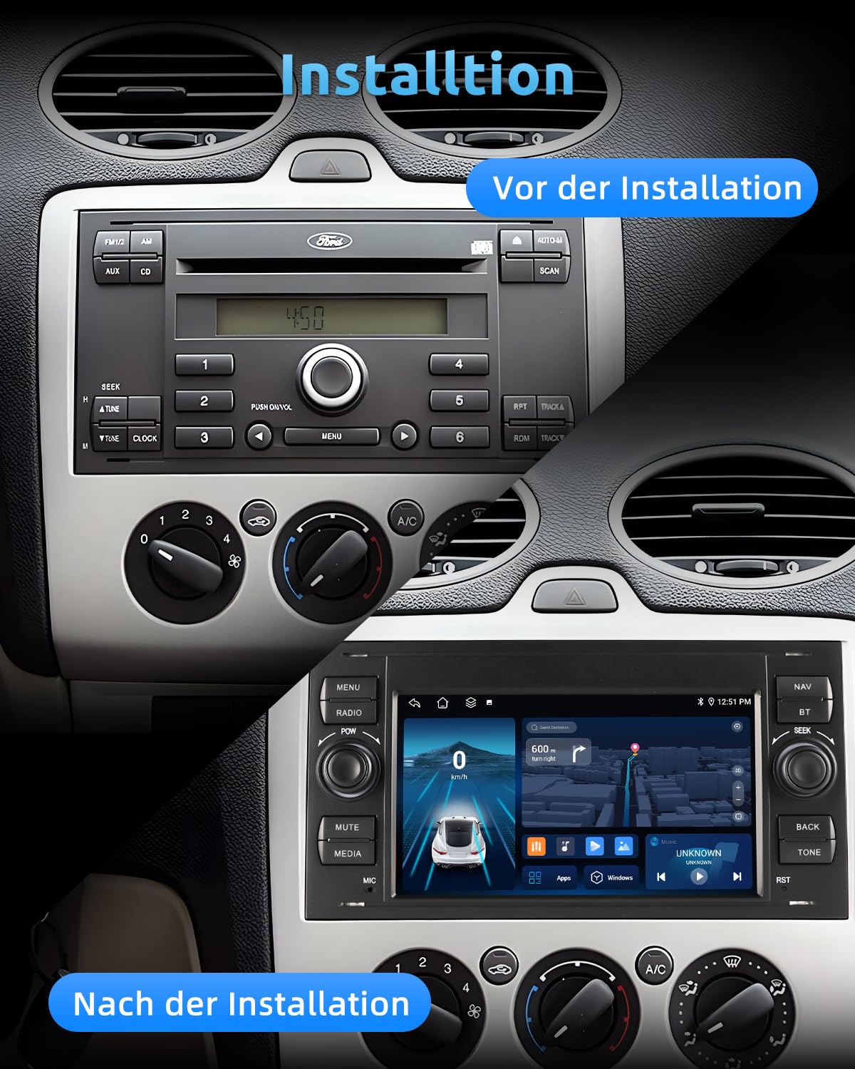 ESSGOO 2+64G Wireless Autoradio Android 14 Car Radio mit Carplay und Android Auto Für Ford Fiesta Galaxy Transit Connect MK7 Focus Fusion Kuga S/C-Max, 7 Zoll Touchscreen mit Bluetooth FM USB GPS