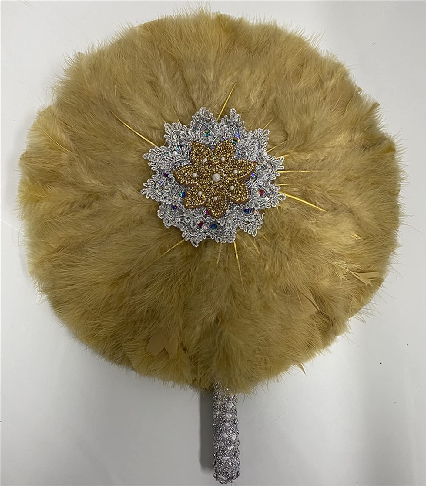 Éventail de plumes de dinde pliable double face de 40x52 cm avec poignée dorée