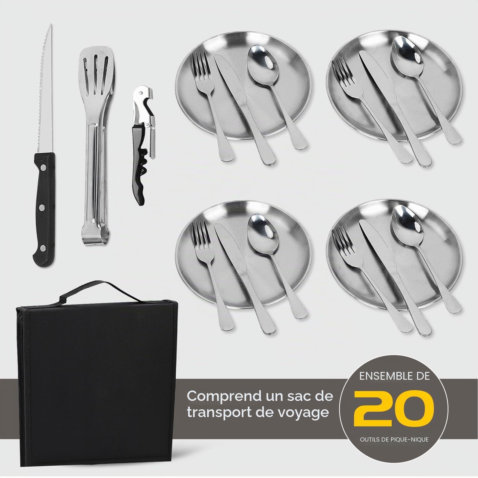 Set de Couverts de Camping pour 4 personnes, Portable Vaisselle Camping Inox pour Randonnée, L'escalade et Plein Air, avec couteau, fourchette, cuillère et assiette dans un sac de transport