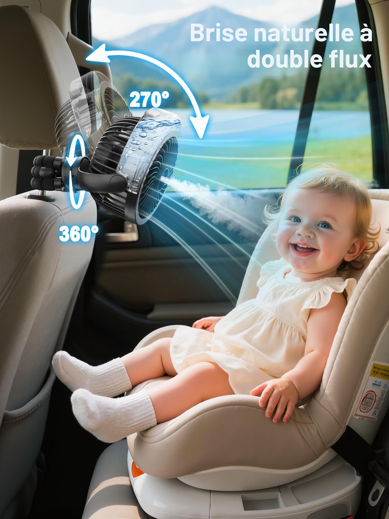 Ventilateur brumisateur pour poussette, 6000 mAh, batterie, portable avec lumière et pivot 360°, trépied flexible pour bébé, bureau, voyage, tapis
