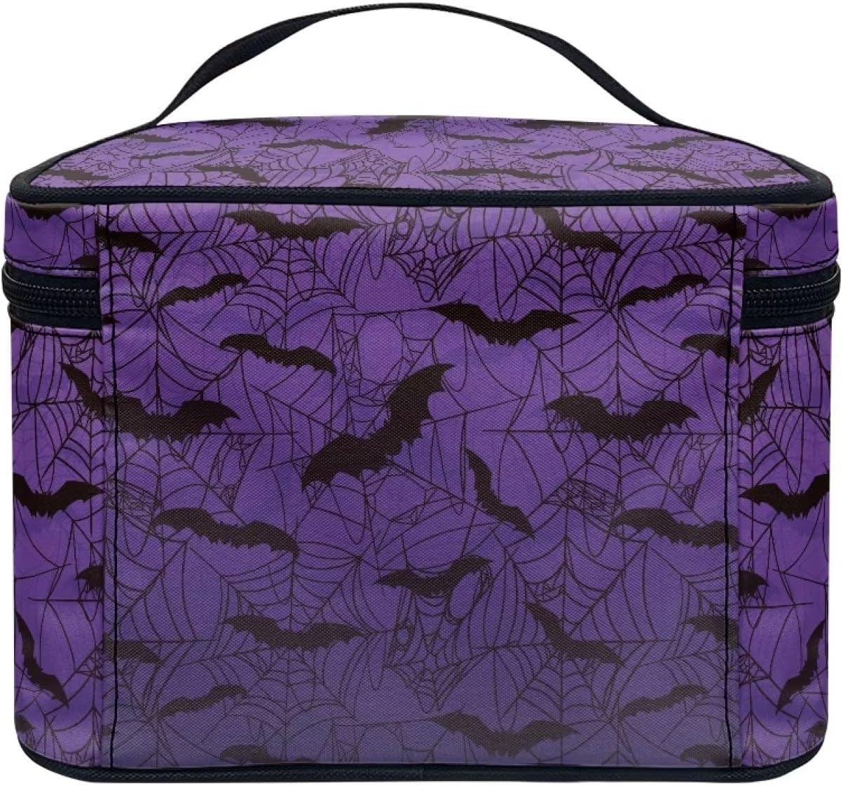 Gothic Halloween Purple Spider Web Bag Bats Print Makeup Bag Travel Cosmetic Bag with Zipper and Handle Portable Large Capacity Toiletry Case for Women Ladies Travel Accessories - Image 4