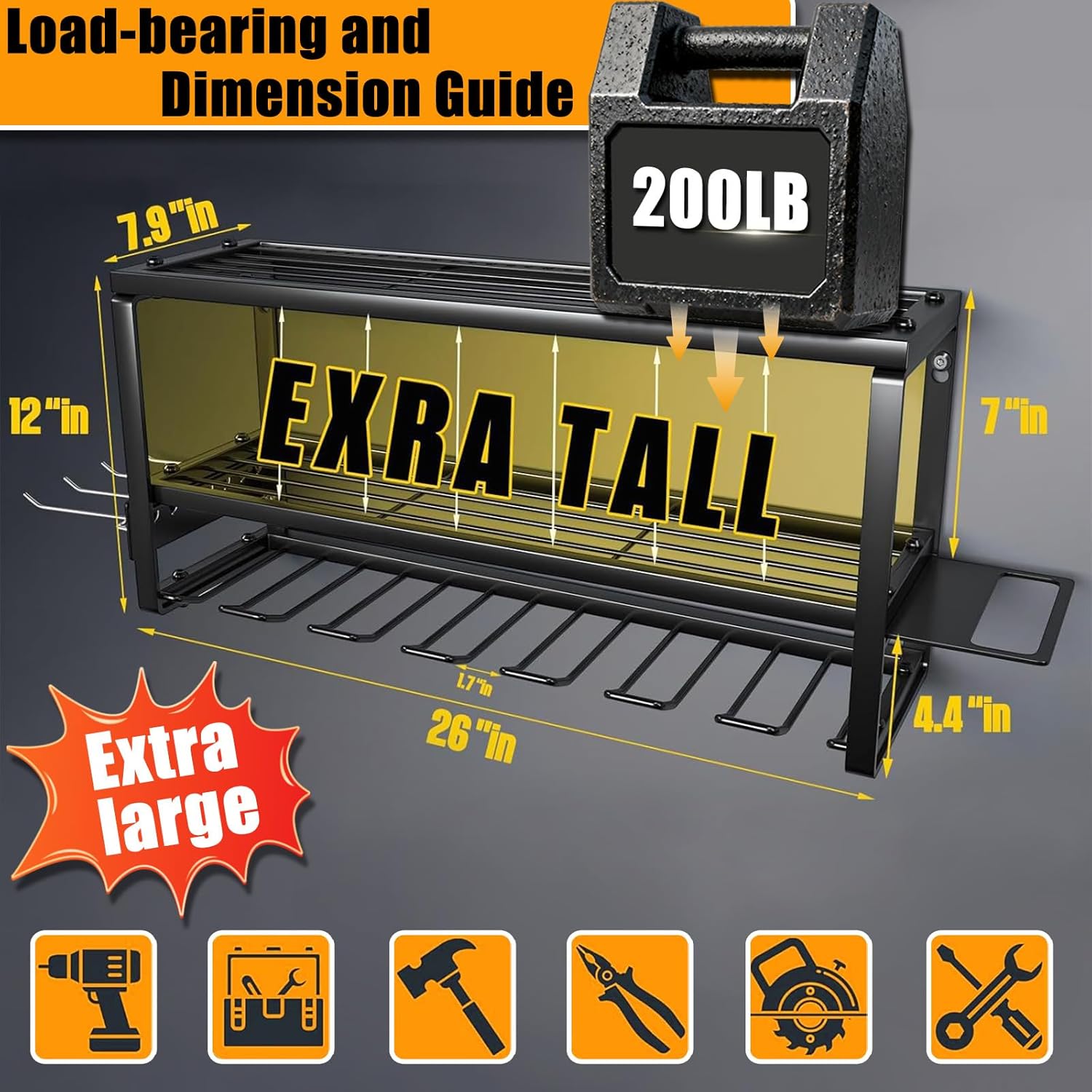 Garage Tool Organizer Wall Mount, 26x12x7.9in Power Storage Rack Garage Holder, 200LB Load-bearing Capacity Heavy Duty Drill Holder for Workshop Shed Van, Big Garage Organization and Storage System