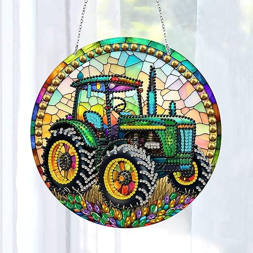 Miniatura 2 de LUSandy Kit de pintura de diamante de tractor verde 5D para bricolaje, letrero de arte de pared, tractor, arte de diamante, atrapasoles, adorno