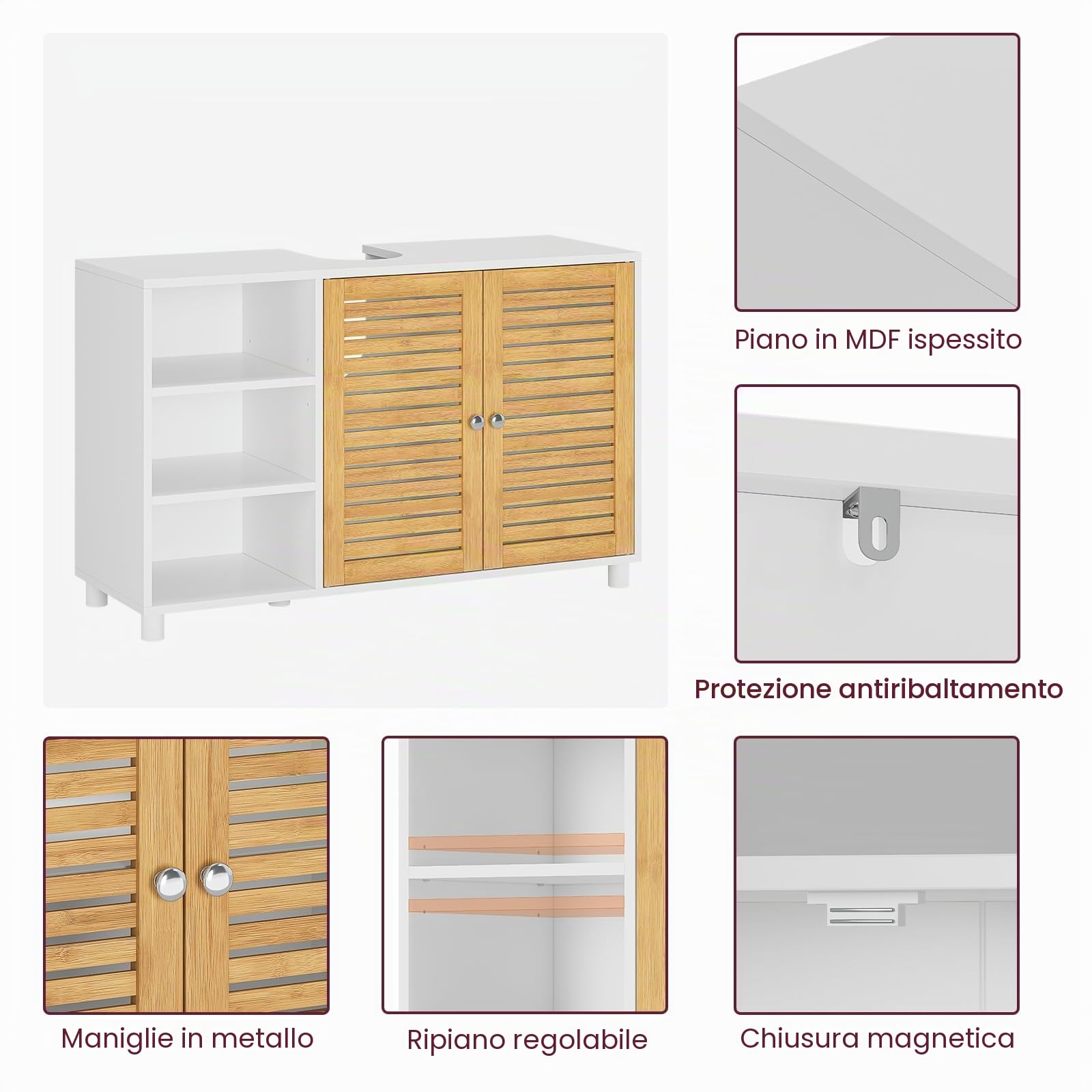 Armadio per lavabo, mobiletto da bagno con 2 ante in bambù, 3 scomparti aperti, ripiani regolabili in altezza, mobiletto per lavabo, extra lungo 30 x 90 x 60 cm
