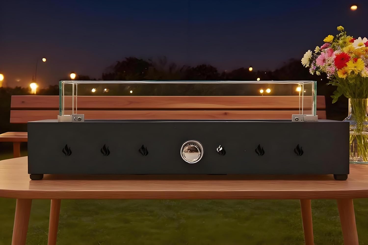 28-Inch Rectangle Fire Pit, 40000BTU Outdoor Propane Fire Pit, Wind-Resistant Firepits, Durable Steel Stylish Glass Beads Design