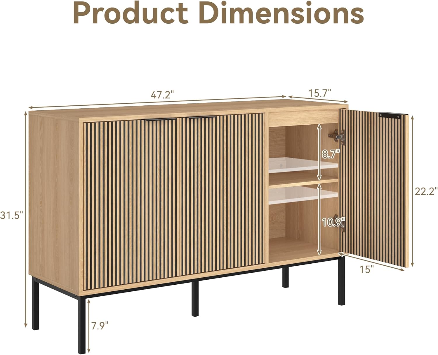 47.2" Sideboard Cabinet, Modern Buffet Cabinet with Doors & Adjustable Shelf, Wood Credenza Coffee Bar Storage Console Table for Kitchen, Dining Room, Living Room, Entryway, Natural