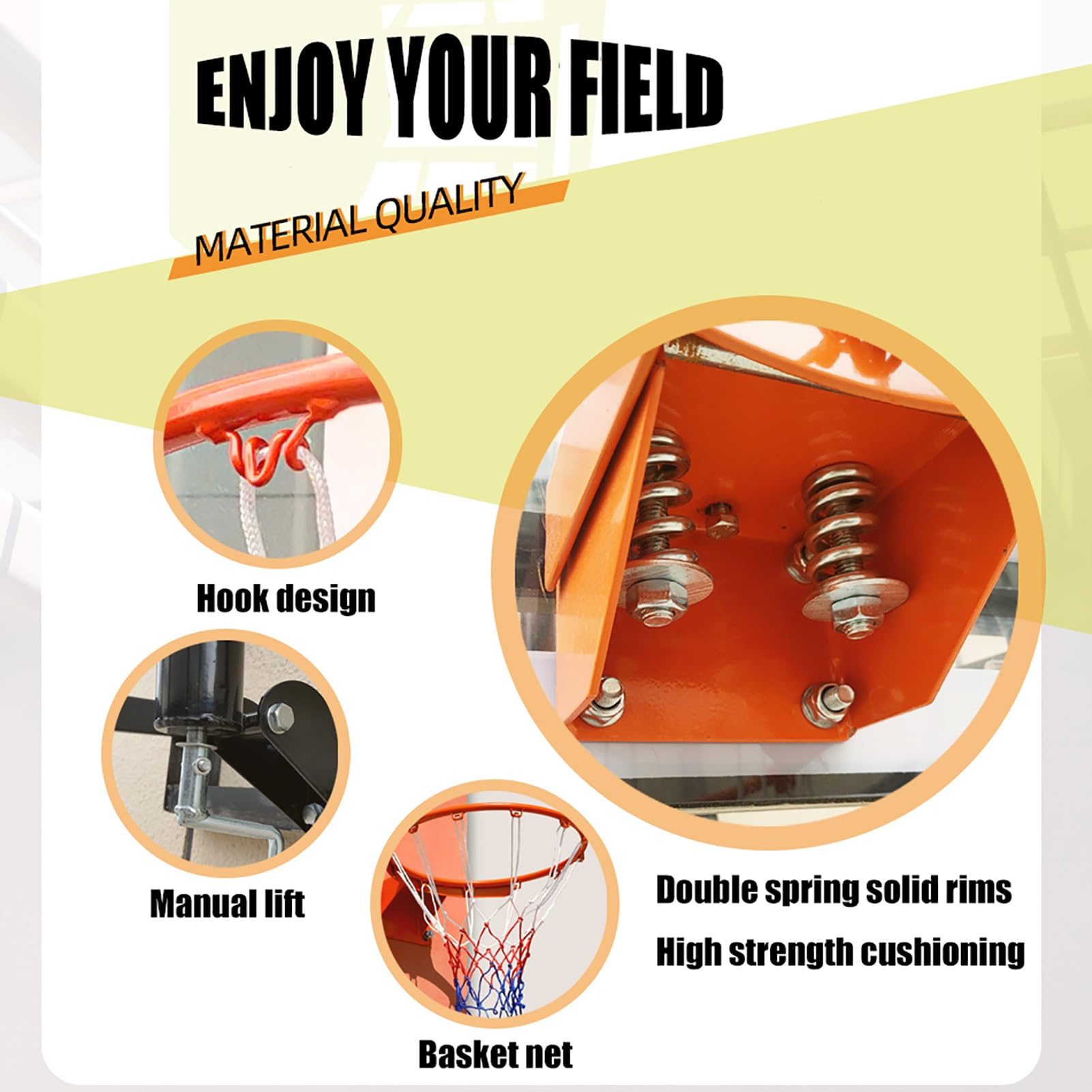 Wall Mounted Heavy Duty Backboard with Fully Tempered Glass Backboard Adjustable Height, Durable Steel Universal Bracket and Double Spring Breakaway Rim with Net