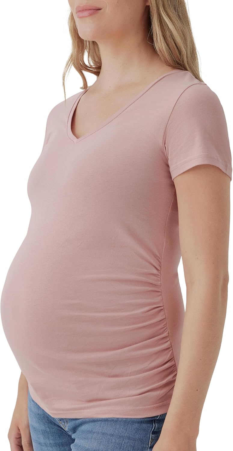 Pact Organic Cotton V-Neck Ruched Maternity Tee Shirts, Soft Pregnancy Top with Stretch
