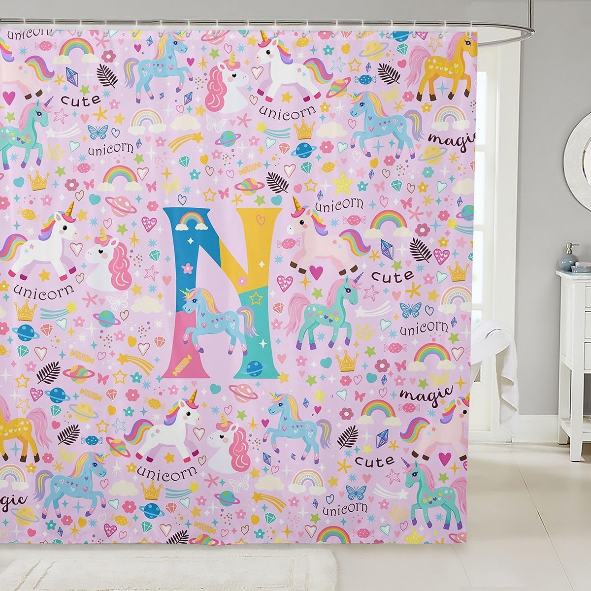 Erosebridal Purple Unicorn Bathroom Decor, Customized Monogram B Shower Curtain 72 x 72 Inch, Cute Kawaii Unicorn Waterproof Shower Curtains, Colorful Rainbow Floral Bathroom Accessories image 5
