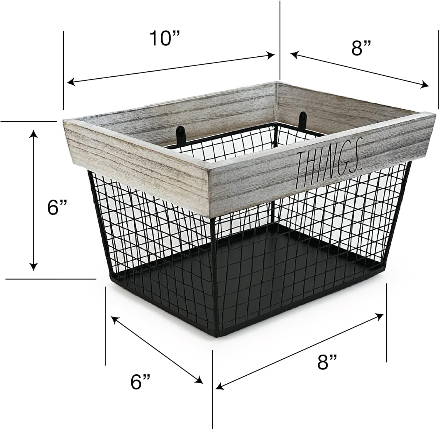 Rae Dunn Things Wire Storage Basket – Metal and Solid White Wash Wood Organizer – Decorative Storage Bin – Home & Office Organizers for Desk, Bedroom, Living Room, Closet and More