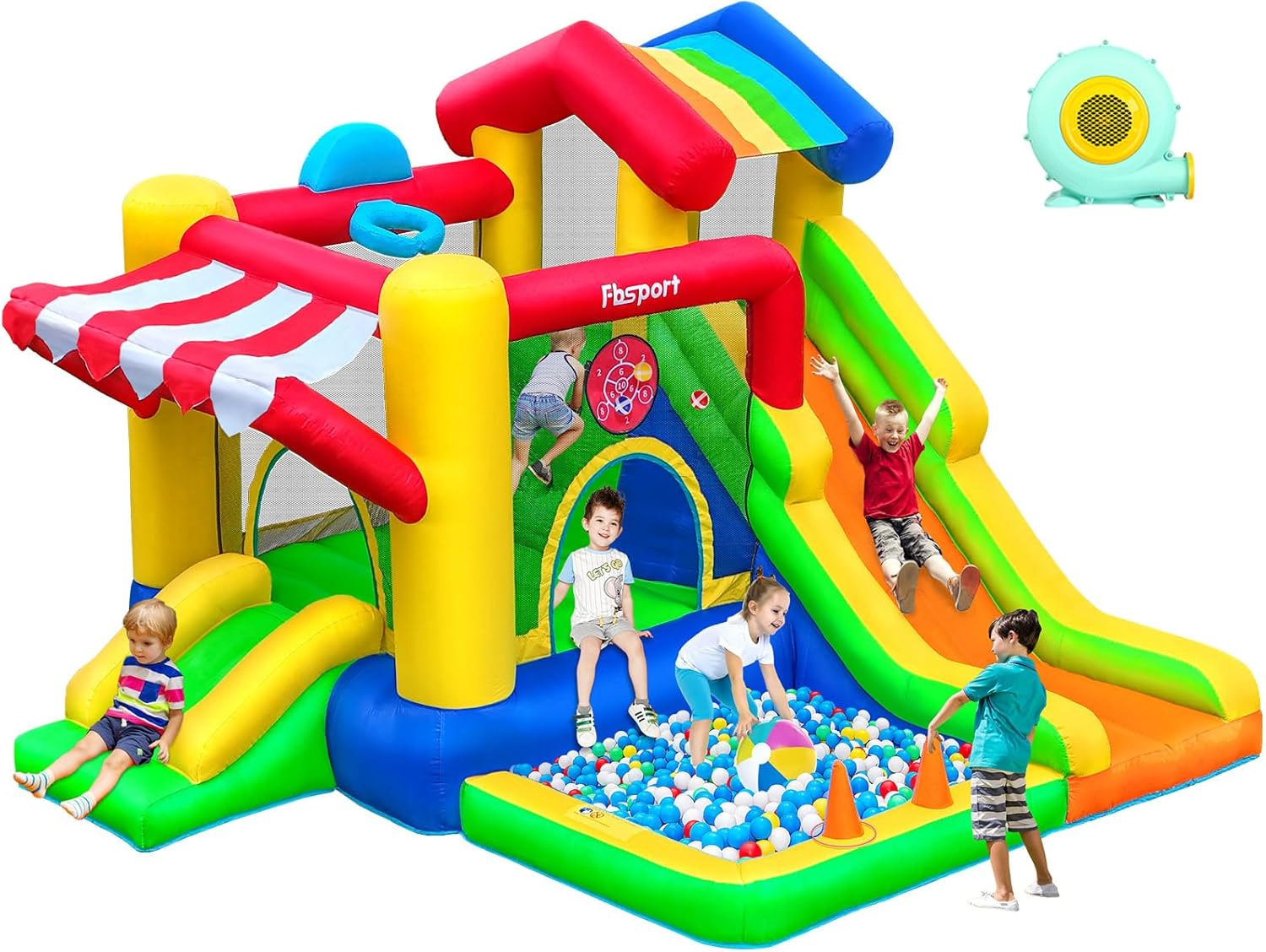 FBSPORT Inflatable Bounce House with Slide for Kids, Indoor and Outdoor Blow up Bouncy House Bouncer Castle with Ball Pit, Jumping Area, Climbing Wall, Ball Shooting, Ring Toss, Basketball Hoop