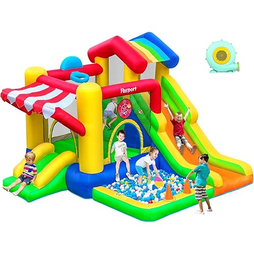 FBSPORT Inflatable Bounce House with Slide for Kids, Indoor and Outdoor Blow up Bouncy House Bouncer Castle with Ball Pit, Jumping Area, Climbing Wall, Ball Shooting, Ring Toss, Basketball Hoop
