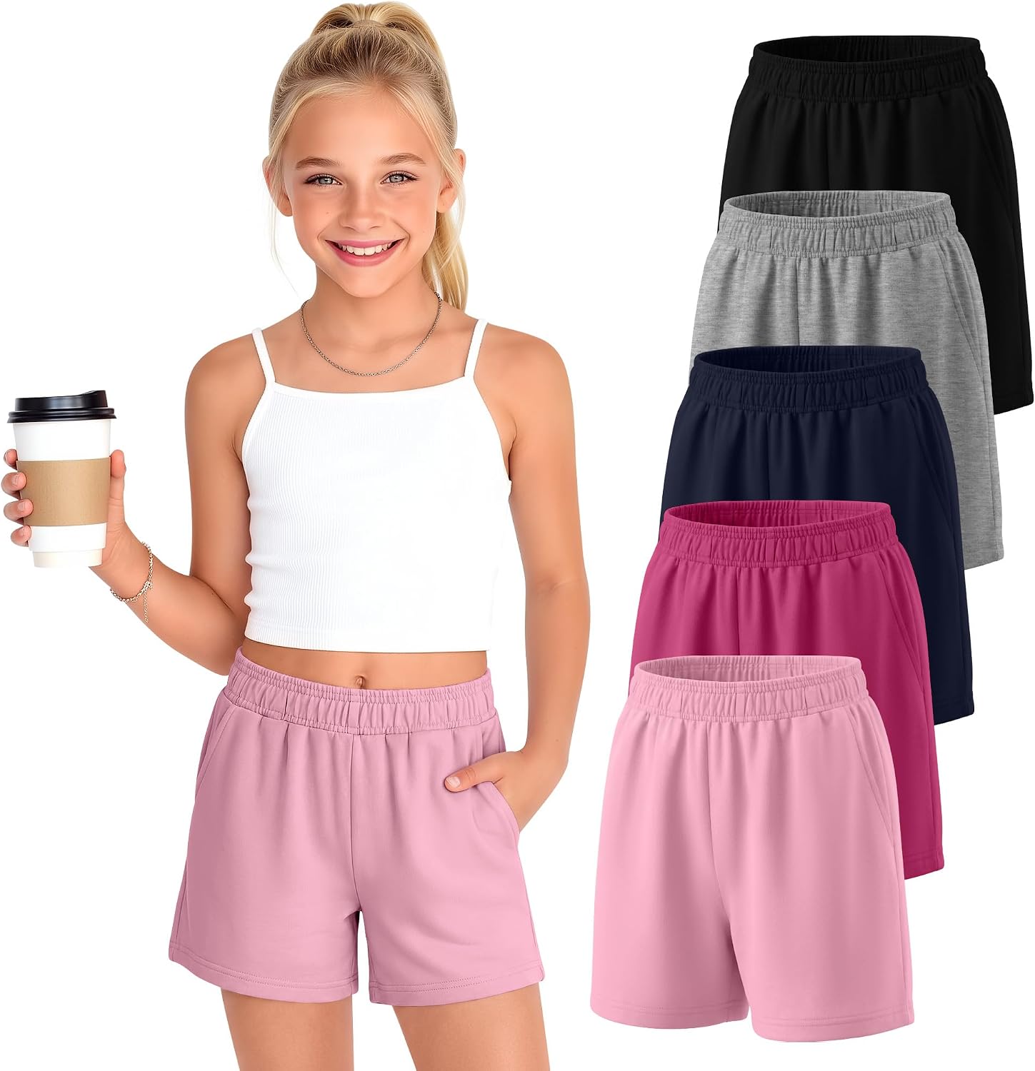 5 Pack Girls Athletic Shorts Cotton Wide Leg Summer Sport Casual Sweat Shorts with Pockets Elastic Waist Age 5-14Y