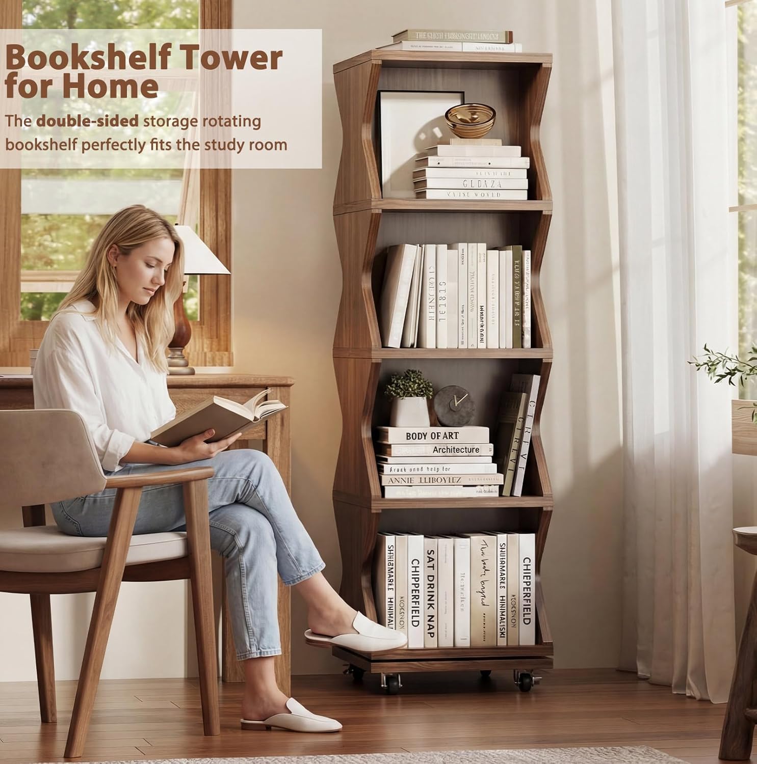 HSH Rotating Bookshelf Tower, 4 Tier Spinning Bookshelf with Storage, 360°Display Revolving Bookcase, Corner Swivel Bookcase for Small Spaces Living Room Bedroom Office, Triangular Appearance, Walnut
