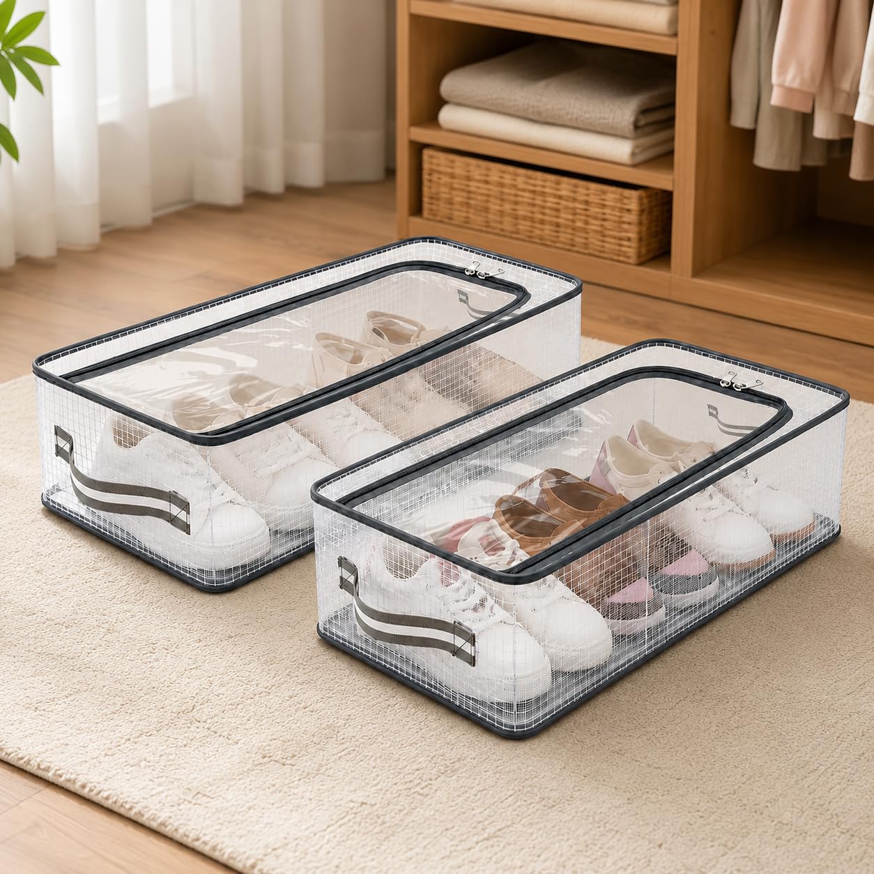 Storite 2 Pcs Foldable Transparent Shoe Storage Organizer | Plastic Shoe Storage Box/Stackable Footwear Organiser/Shoe Rack with Handle & Zipper (60x30x14 Cm)-image-36