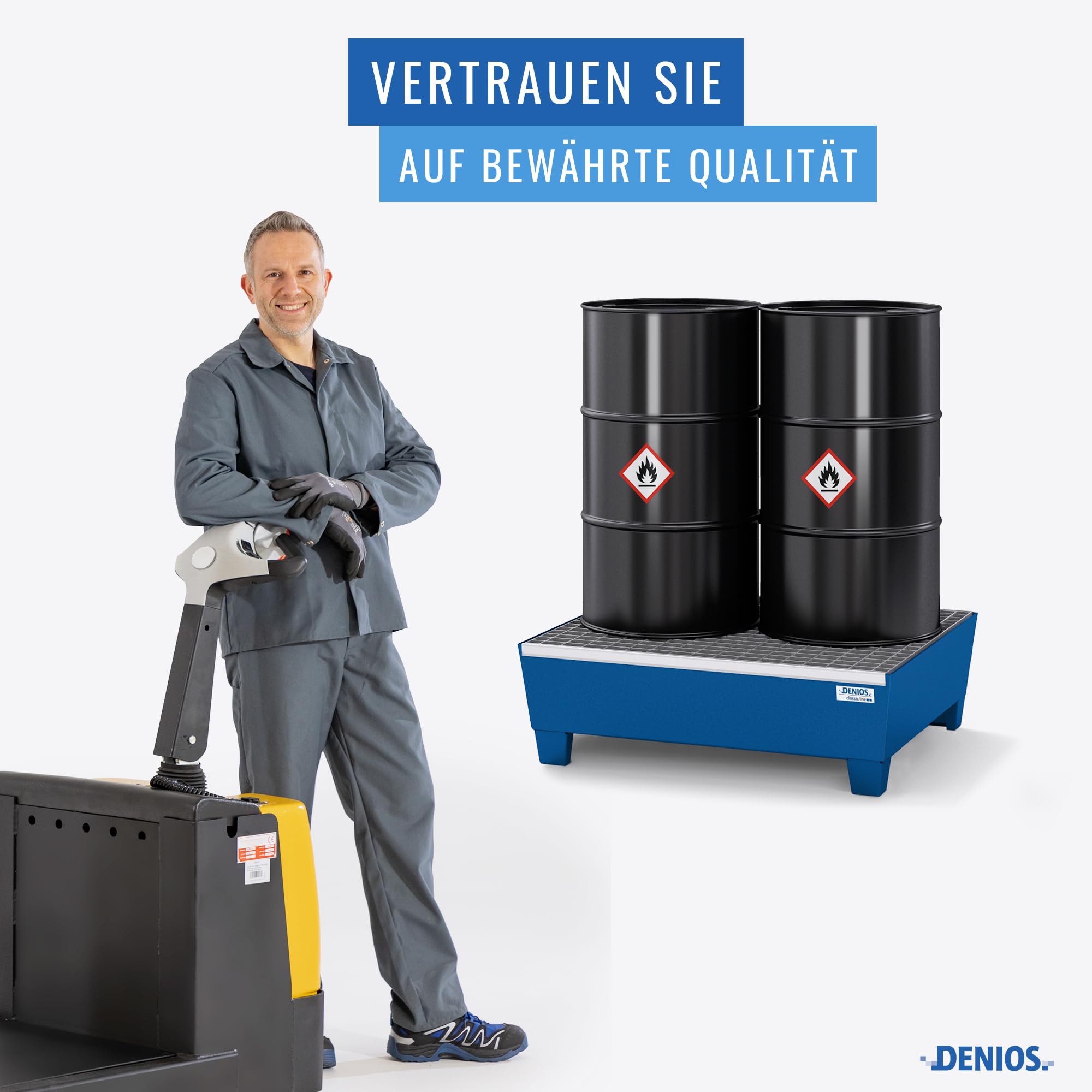 DENIOS Auffangwanne aus Stahl | mit Gitterrost und Stellfüßen | blau | BxHxT 635 x 278 x 785 mm | Volumen 65 Liter | 2 Fässer | Arbeitssicherheit Notfall-Umweltschutz-Produkte säurefest
