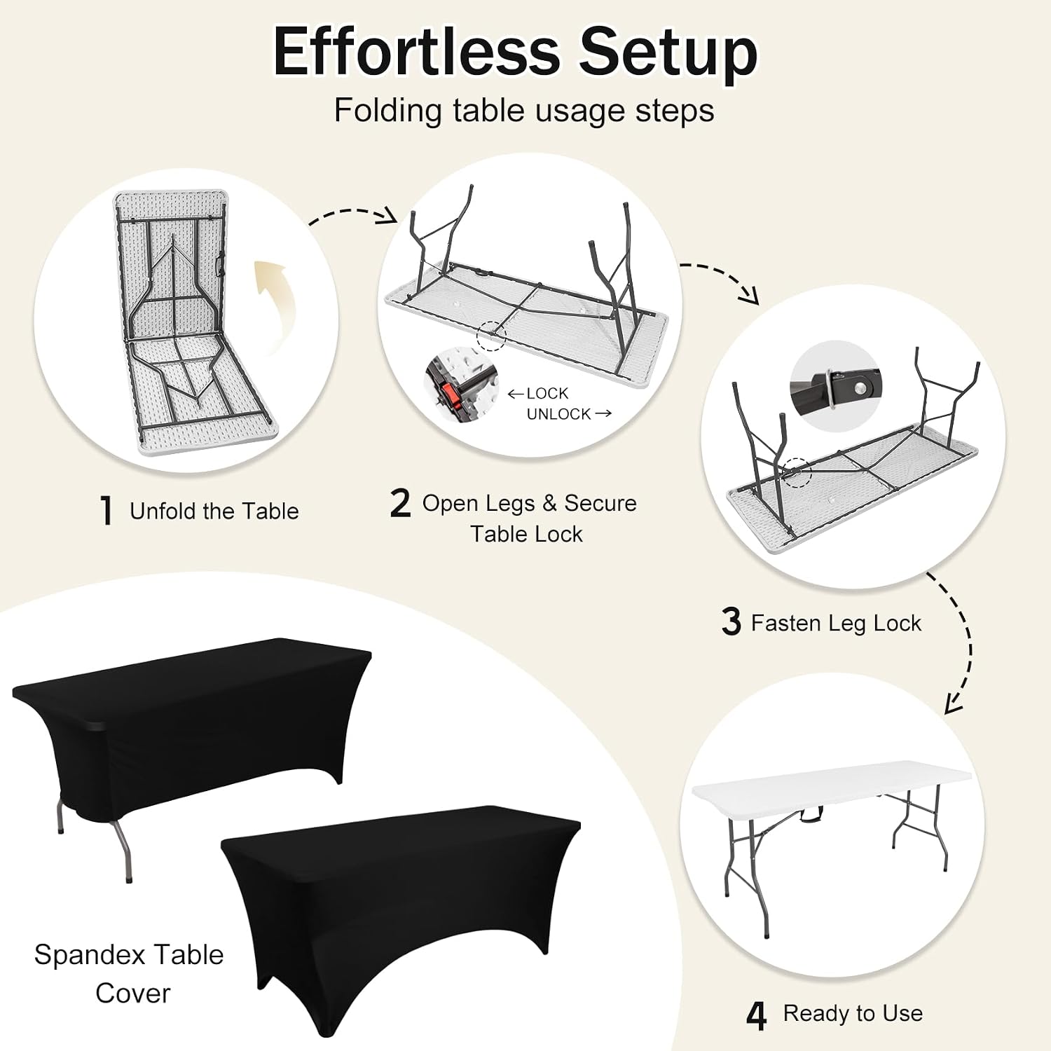 1 Set 6 FT Rectangle Folding Table with Carrying Handle, Lightweight Fold-in-Half Utility Table, with Matching Black Stretch Spandex Covers, Ideal for Weddings, Parties, Camping, Banquets, Crafts