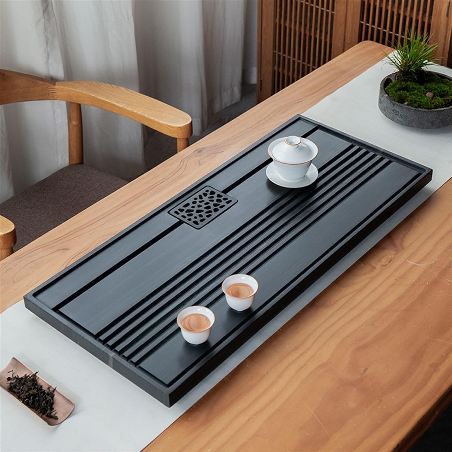 Tea Set Natural Ebonite Tea Tray Whole Green Sandalwood Wood Grain Jade Drainage Stone One Piece Embedded Tea Sea Table Chinese Tea Set