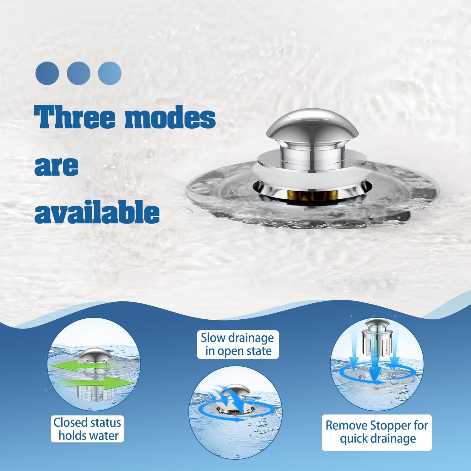 3-in-1 Pop Up Tub Drain Plug, Bathtub Drain Stopper, Bathtub Plug Drain Stopper, Tub Stopper, Anti-Clogging, for 1.42"-1.97" Drain HOL - Image 4