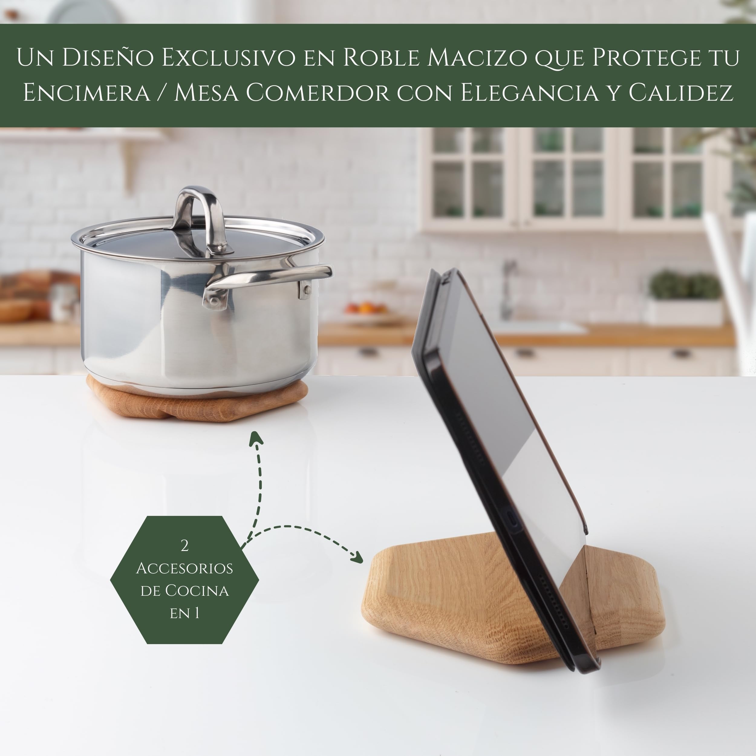 Salvamanteles Ollas Calientes 2 en 1 de Roble Macizo - Salvamanteles Imantado con Soporte para Tablet - Ideal como Protector Encimera y Mesa Comedor