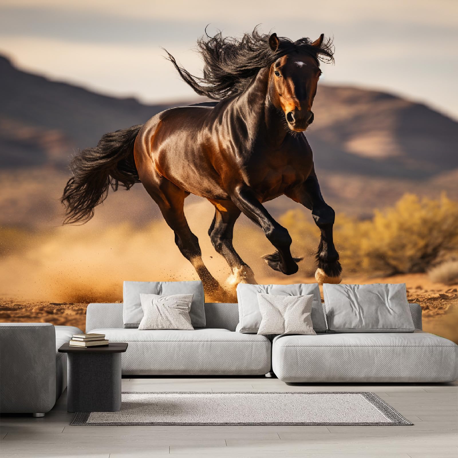 Papier peint panoramique cheval 3D pour agrandir une petite pièce et masquer un mur