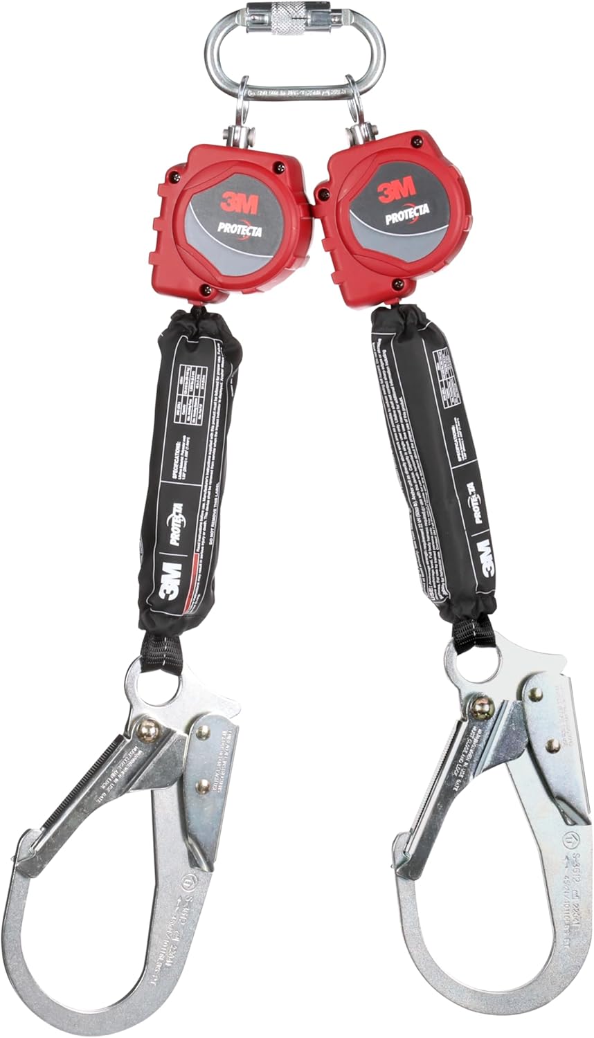 3M Protecta Twin-Leg Self-Retracting Lifeline with Carabiner 3100512, Web, Steel Rebar Hooks, 6ft.