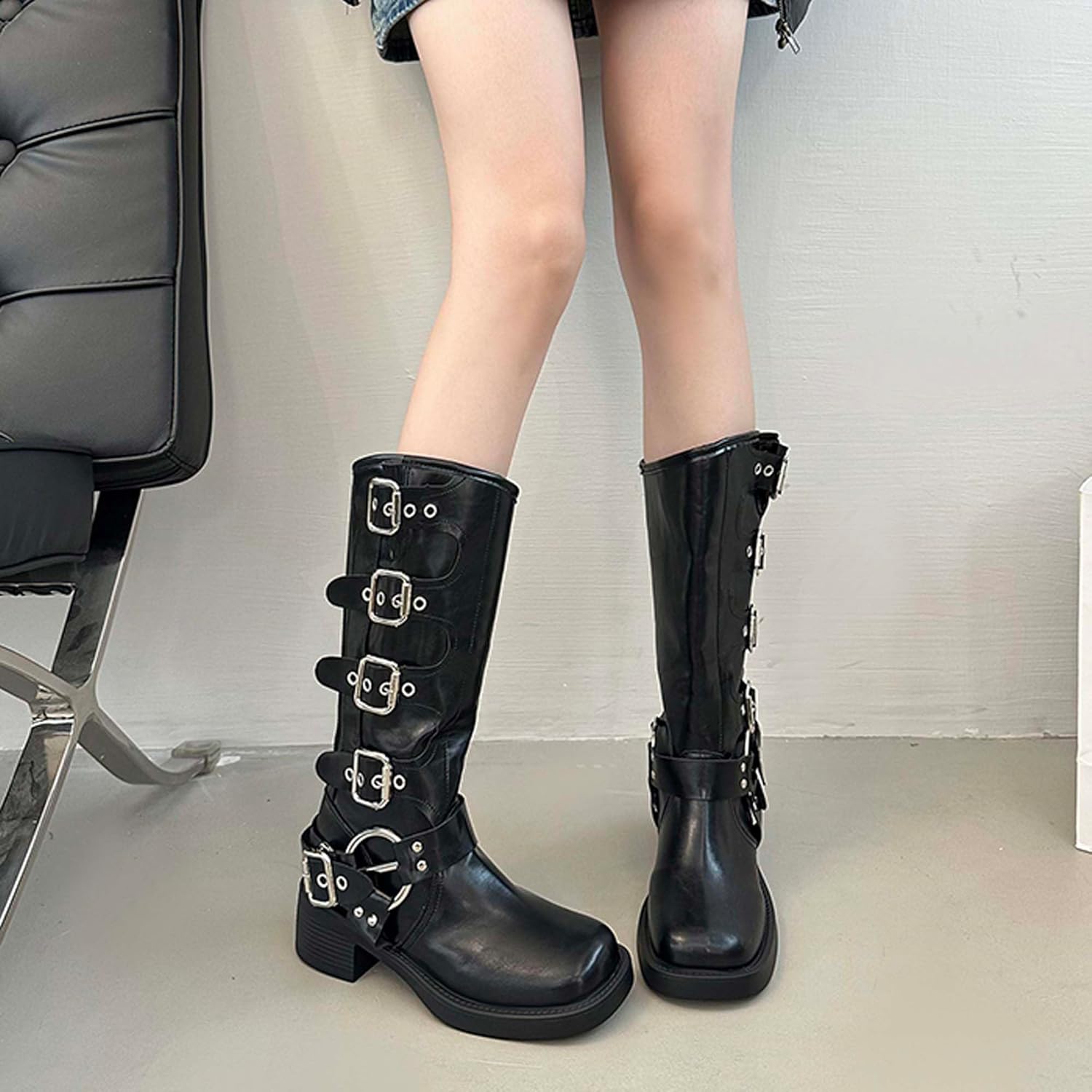 Women's Black Boots Knee High Fashionable Metal Buckle Retro Leather Long Tube Western Cowboy Knight Motorcycle Combat Fashion Boots,Black, Brown