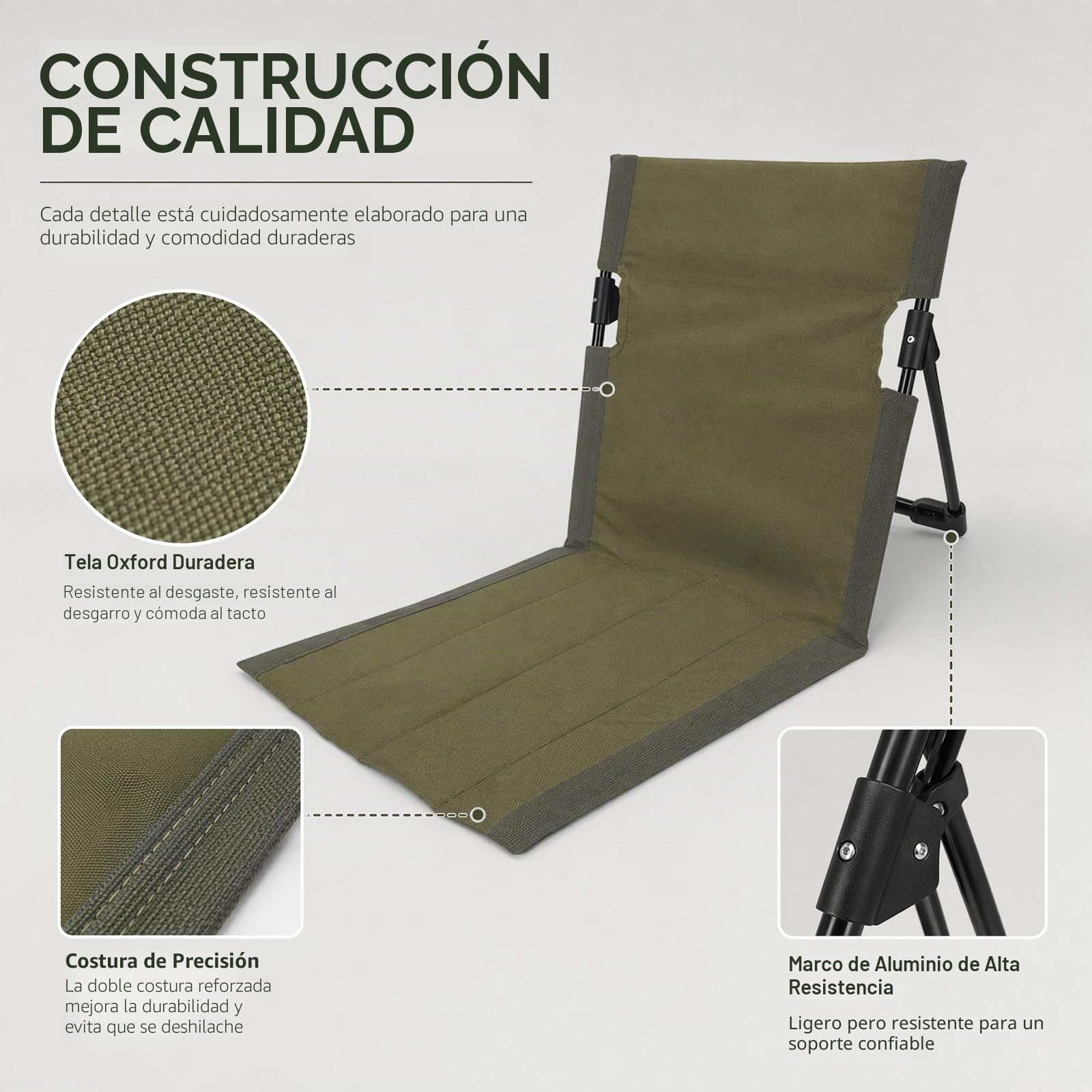 Cojín de asiento para exterior, silla de playa plegable, cojín para silla de playa con respaldo, silla de suelo, cojín plegado, cojín de playa, plegable para camping, pícnic, pesca (verde oliva)