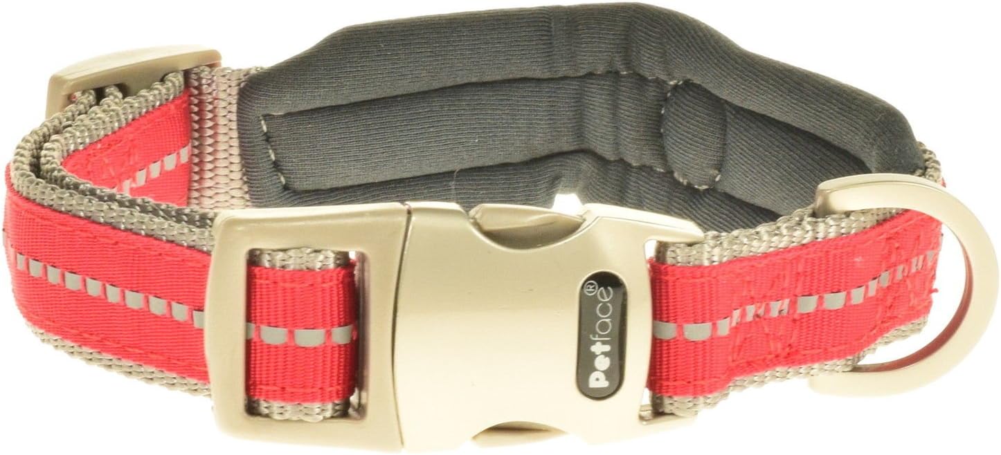 Petface Signature Padded Dog Collar, Small, Red with grey stitch