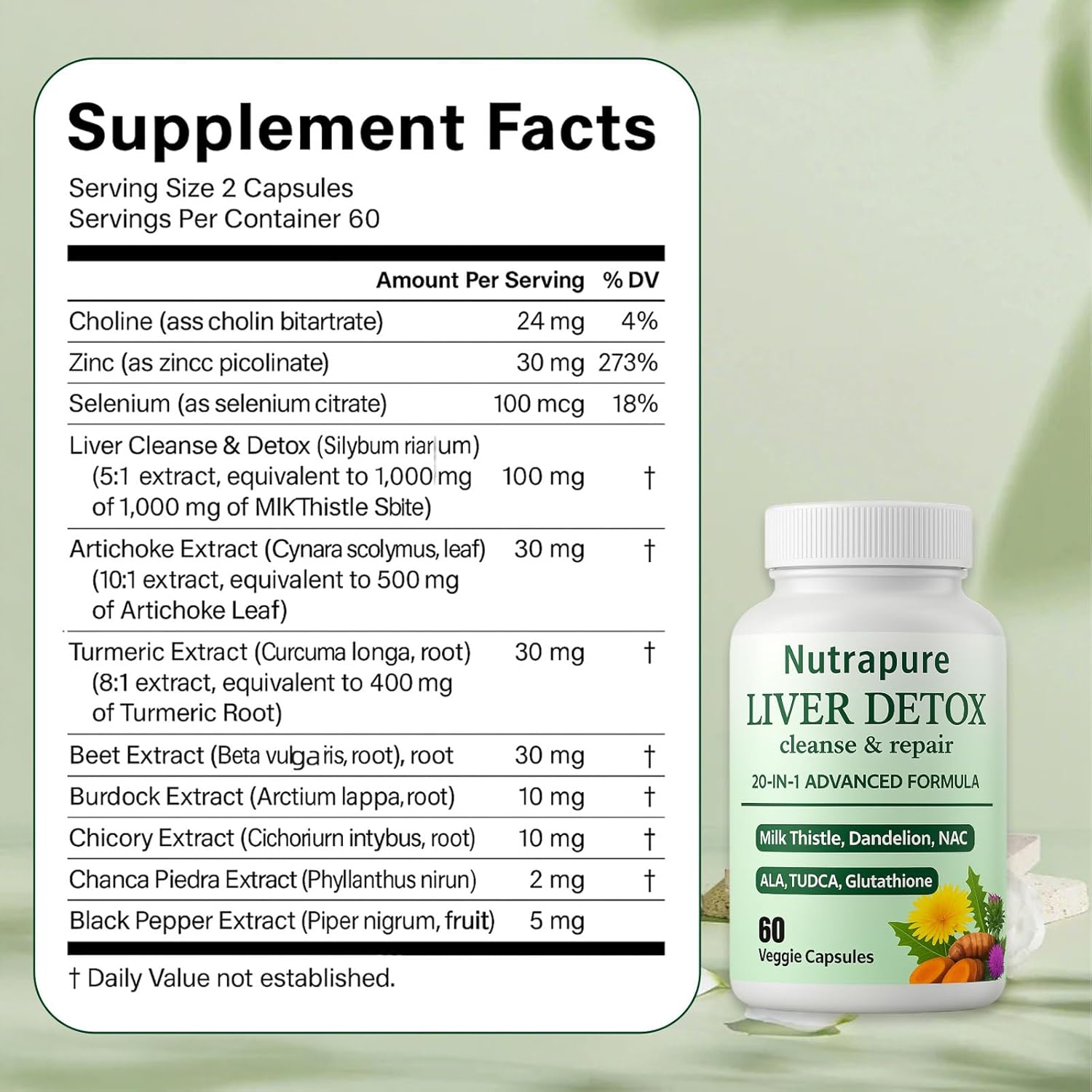 Nutrapure Liver Detox Capsules, 20-in-1 Milk Thistle Liver Detox Supplement, with Dandelion Root, Turmeric, Artichoke Leaf & More, Non-GMO, 60 Vegetarian Capsules (1) - Image 3