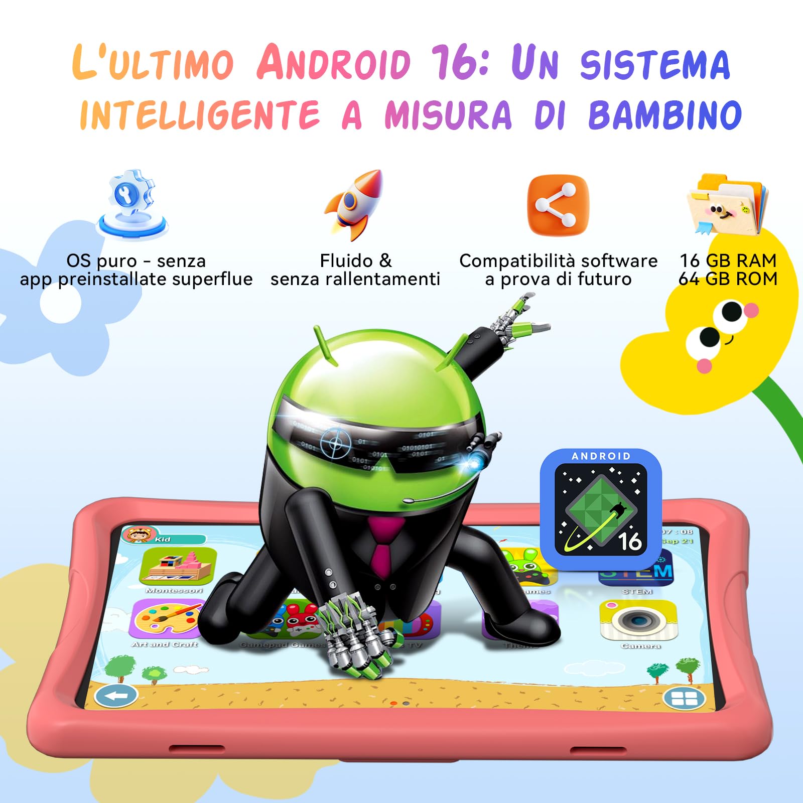 Tablet Bambini 10 Pollici, Android 16 Tablet per Bambini 3-12 Anni, 16GB RAM(4+12) + 64GB ROM, Controllo Genitori, GMS, 5000mAh, WiFi6, WidevineL1, con Custodia Anti-caduta e Penna, Garanzia di 4 anni