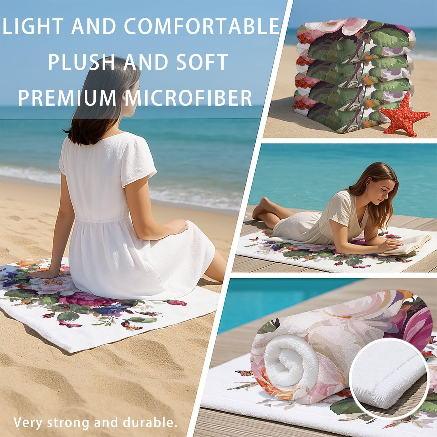 Générique Grande Serviette de Plage 200 x 100 CM,Drap de Plage Microfibre,Couverture de Plage Absorbante Rapide pour Aquarelle, Romantique, Art Roses Délicates, Papillons