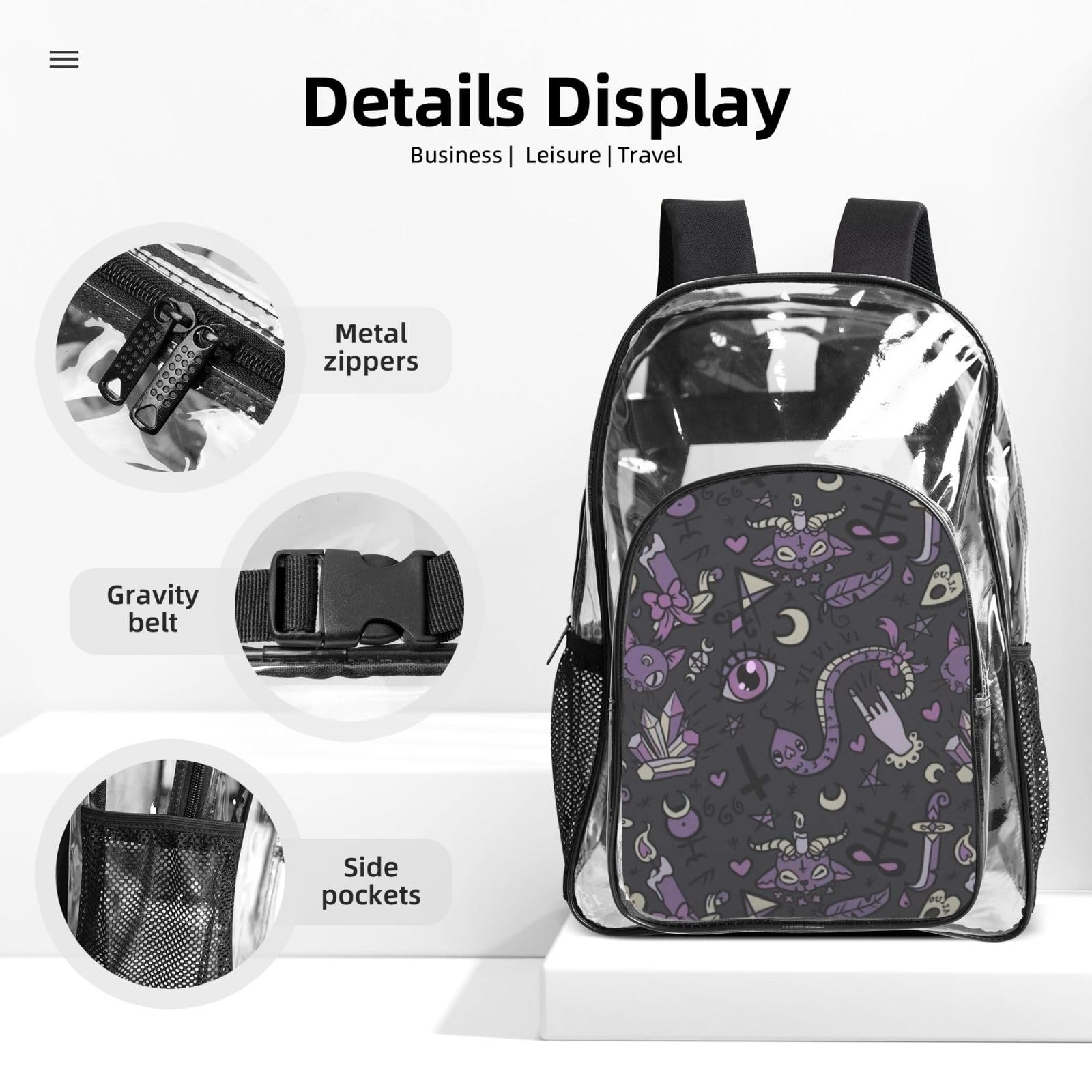 Fioletowy czarny gotycki upiorny nadruk unisex przezroczysty plecak zestaw 3-częściowy przezroczysty lunch piórnik podróżny na zewnątrz