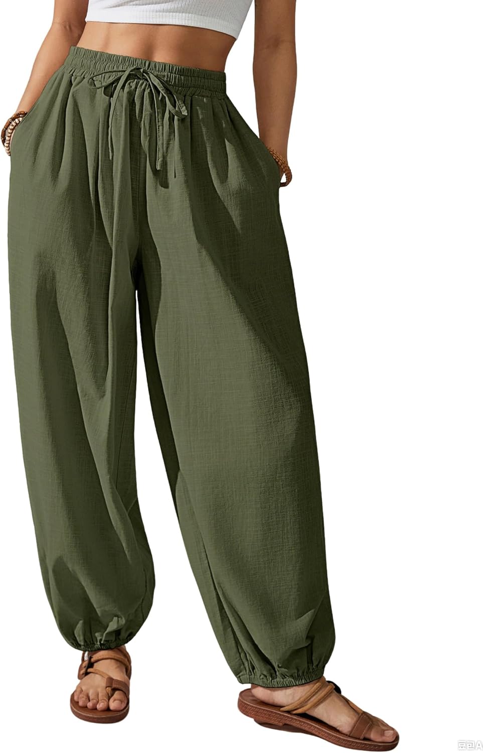 Bsubseach Womens Cotton Harem Pants Elastic Waist Baggy Pant Drawstring Balloon Trouser Loose Beach Pants with Pockets