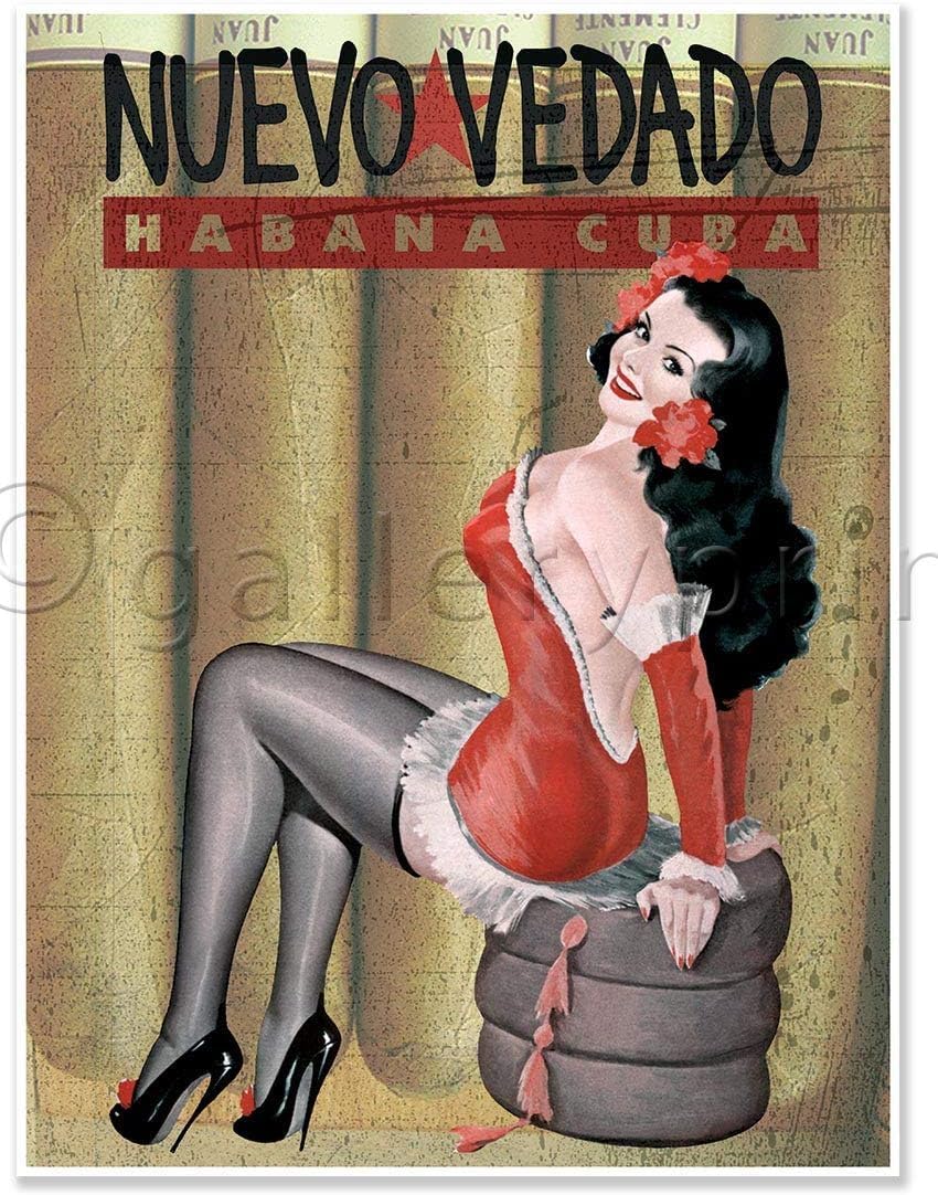 Nuevo Vedado Vintage Cuban Cigar Art Print, Retro Havana Poster, Red and Gold, Classic Pin-Up Style Wall Decor (18 x 24 inches)
