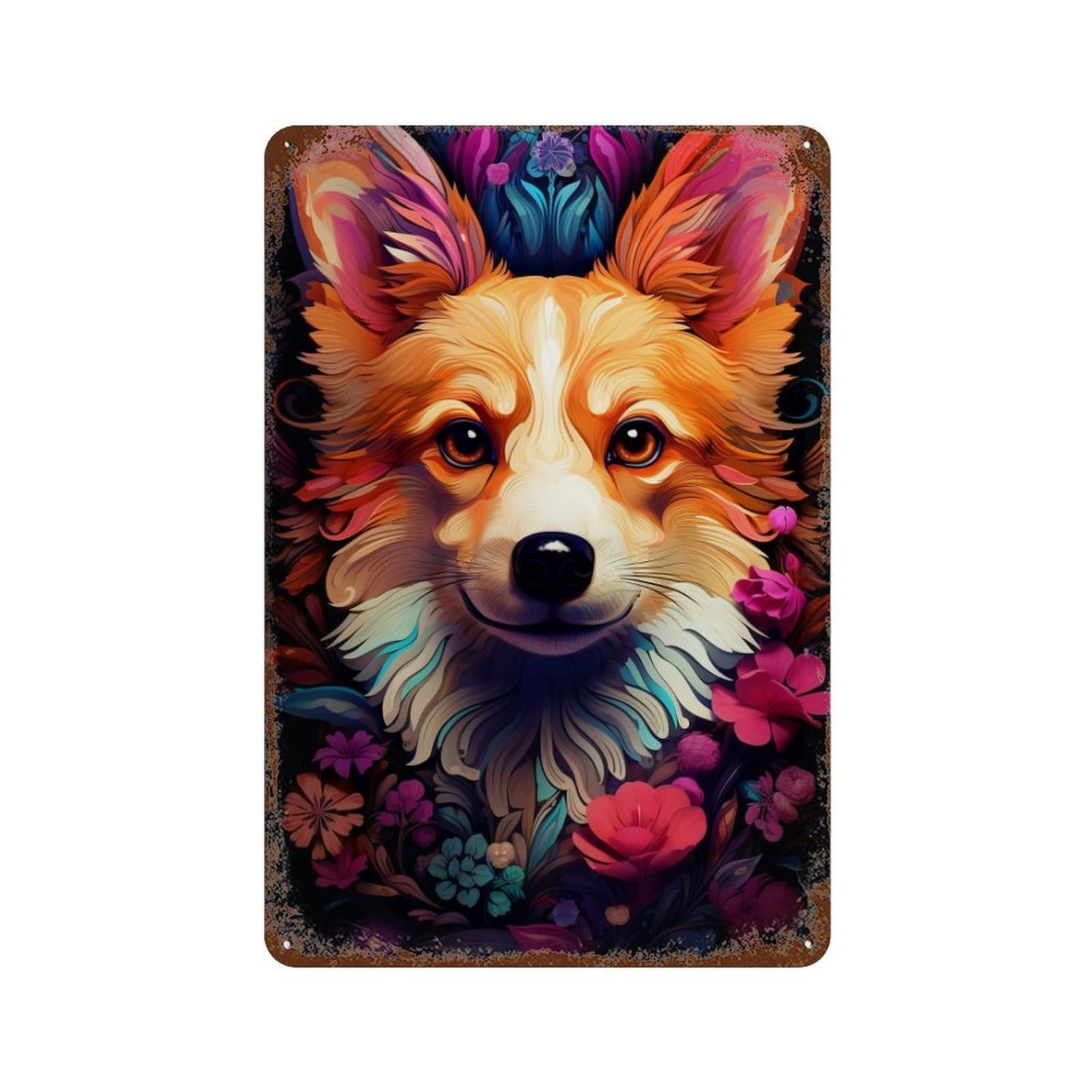 Floral Corgi Portrait 11.8"x7.9" Vintage Metal Tin Sign, Shabby Chic Decor for Office, Studio And Wall Decor