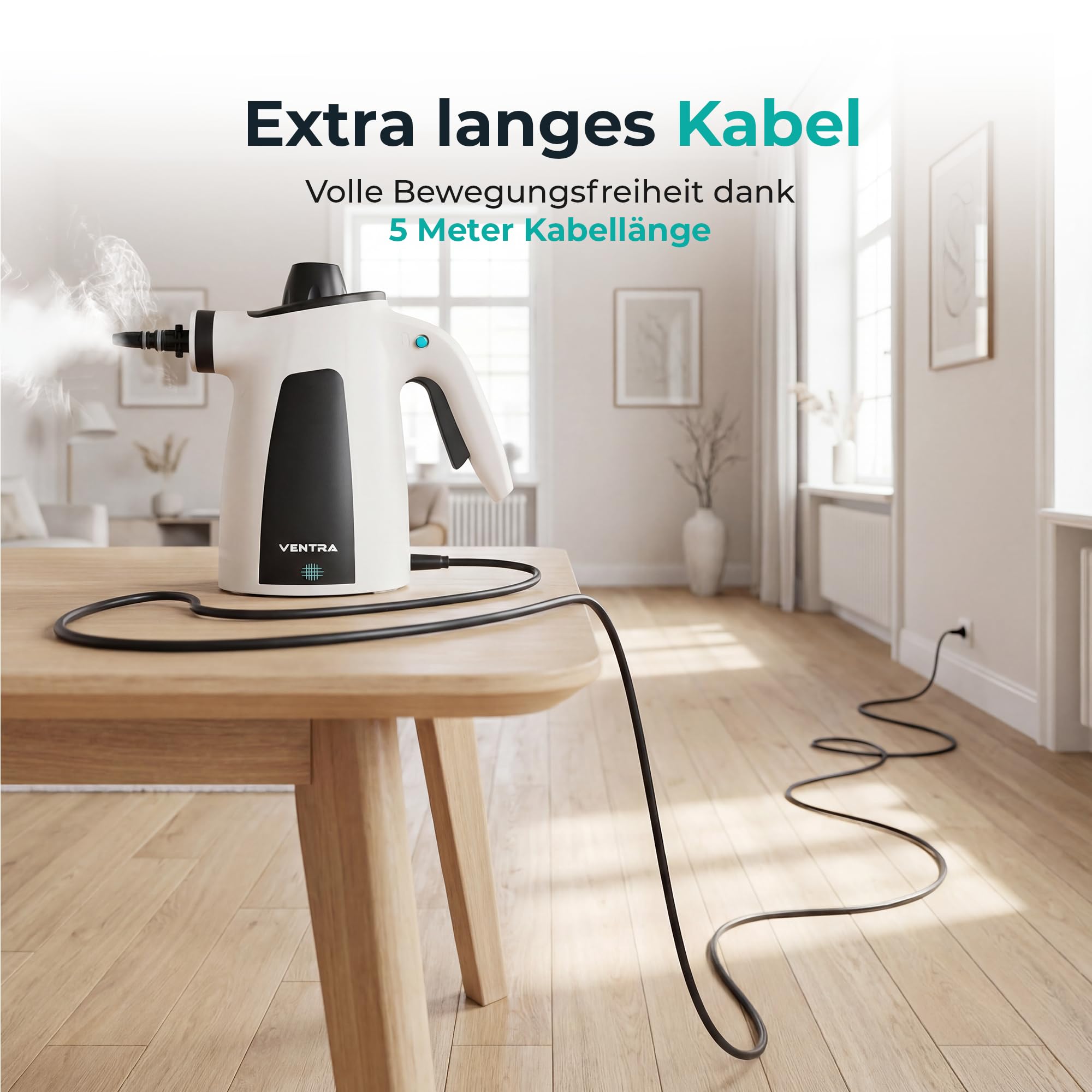 VENTRA® 15-teilig Dampfreiniger – Handdampfreiniger – 3.5 Bar | Extra leistungsstarkes, 5 Meter Stromkabel, inklusive Mikrofasertuch