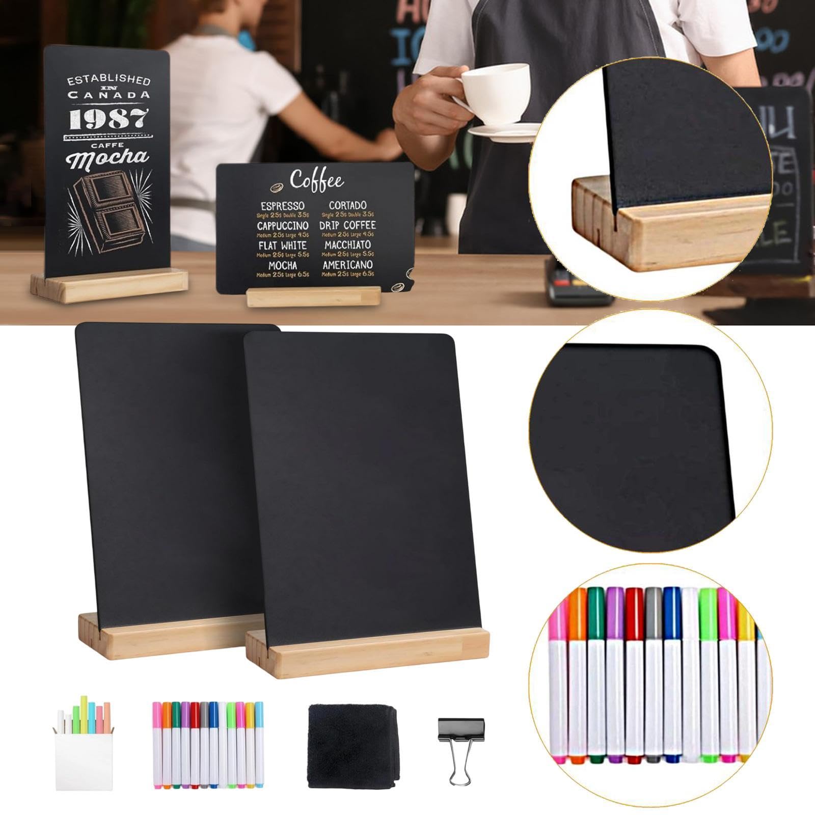 2 Piezas Pizarra Pequeña Carteles de Mesa Etiquetas para Menú Base de Madera Lavable Doble Cara Adecuado para Fiestas Bodas Cafés Negocios Y