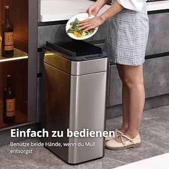 FLINQ 60L Sensor Mülleimer aus Edelstahl – Automatischer Küchenmülleimer mit Bewegungssensor – Großer Abfalleimer für Küche – Soft-Close Deckel - Silber