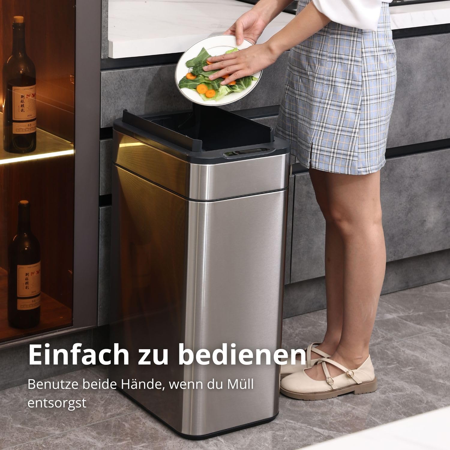 FLINQ 60L Sensor Mülleimer aus Edelstahl – Automatischer Küchenmülleimer mit Bewegungs­sensor – Großer Abfalleimer für Küche – Soft-Close Deckel - Silber