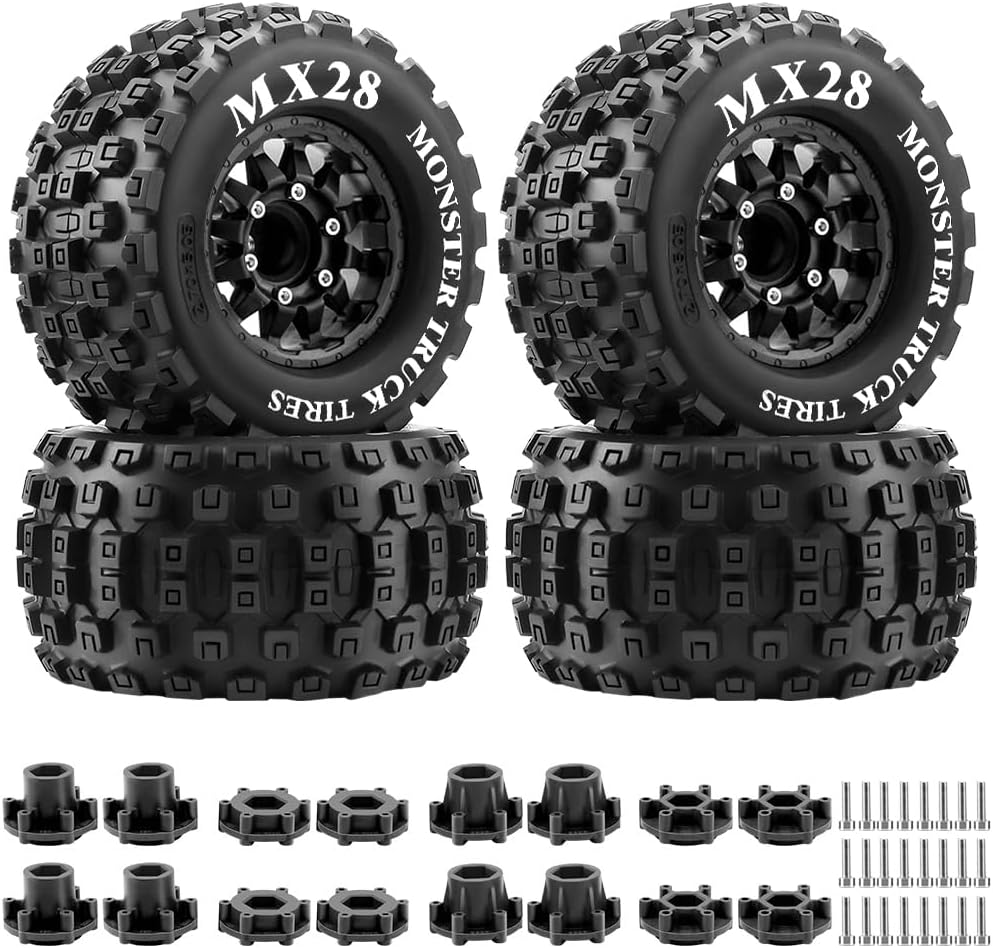 GLOBACT MX28 2.8" Tire and Wheels with 12mm/14mm Hex Adapter for Traxxas Stampede Rustler & Arrma Big Rock Granite Vorteks 1/10 RC Truck Car (Black)