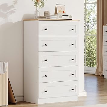 Furnify White 5 Drawers Dresser, 45" Tall Modern Chest of Drawers, Farmhouse Drawer Dresser Organizer with Large Storage for Bedroom, Living Room, Hallway, Entryway, White