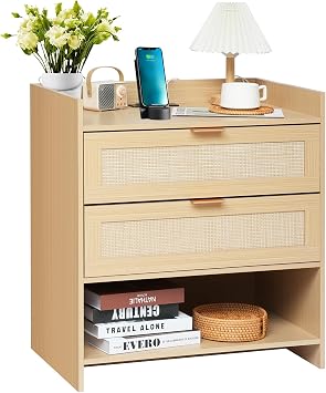 Rattan Nightstands with Charging Station, Bedside Table with 2 Drawer 1 Open Shelf, Boho Solid Wood End Table for Bedroom Living Room Sofa Office, Night Stand for Small Space