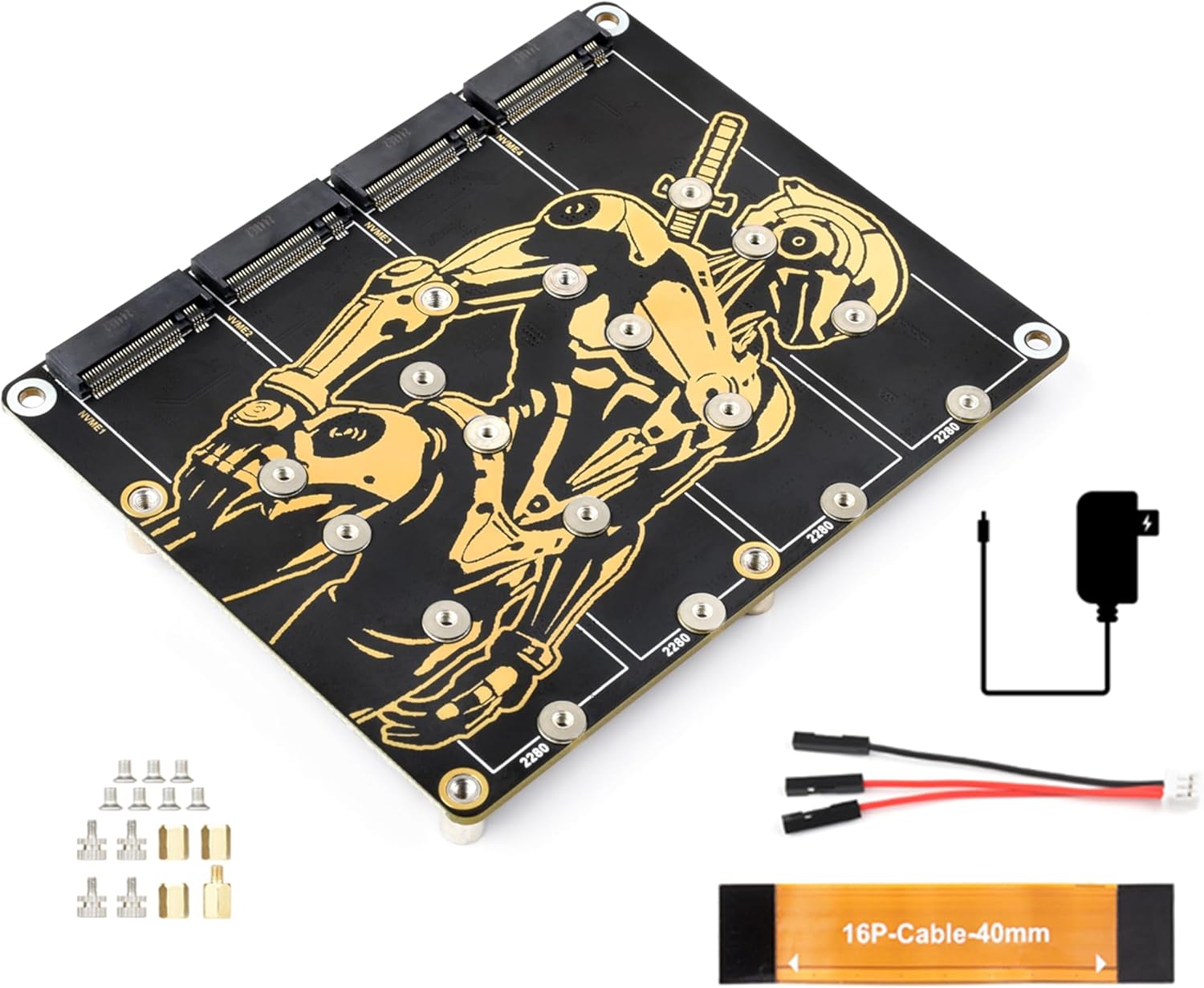 PCIe to 4 Channel M.2 Adapter Board, Compatible with Raspberry Pi 5, for NVMe Protocol M.2 M Key Solid State Drives 2280/2260 / 2242/2230, Can Power RPi 5, Comes with 12V 4A Power Supply