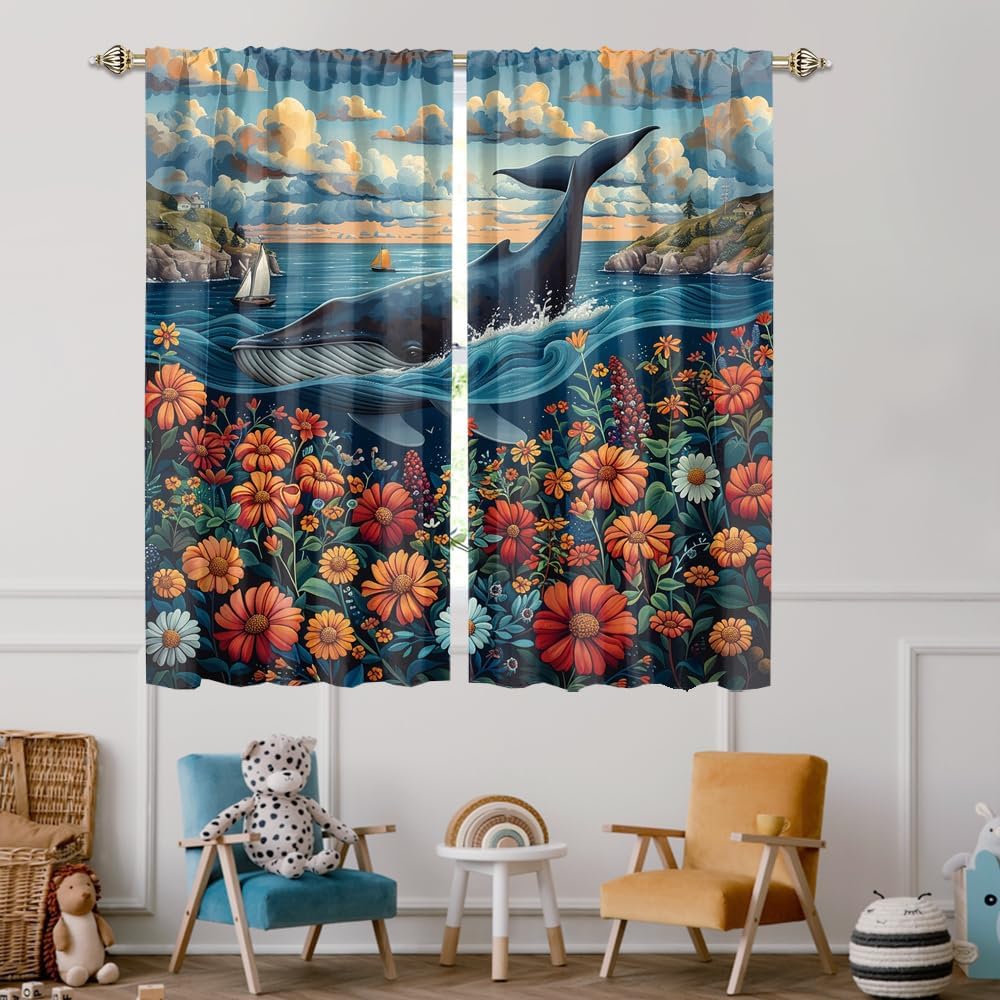Modern Oil Painting Floral Whale Blackout Curtains,Rustic Spring Daisy Nautical Theme Animal Whale Window Treatments Rod Pocket Room Darkening Blackout Curtains for Bedroom-2 Panels 54"L x 21"W