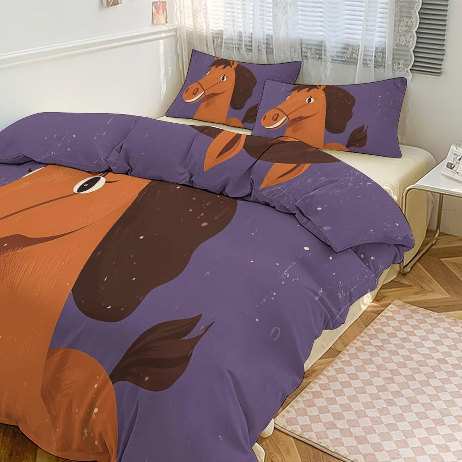 Couette pour grand lit parure de lit 3 pièces imprimé cheval mignon