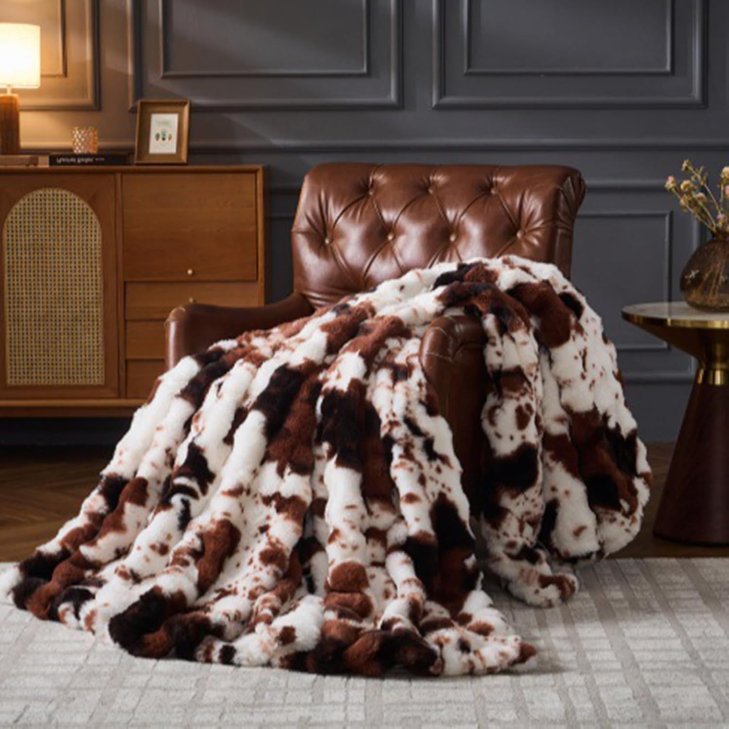 Cow Print Faux Fur Throw Blanket for Couch, Soft Fluffy Fuzzy Plush Bubble Blanket for Sofa Bedroom Living Room, Cozy Warm Reversible Luxury Winter Blanket,Coffee,50x60 Inch - Image 3