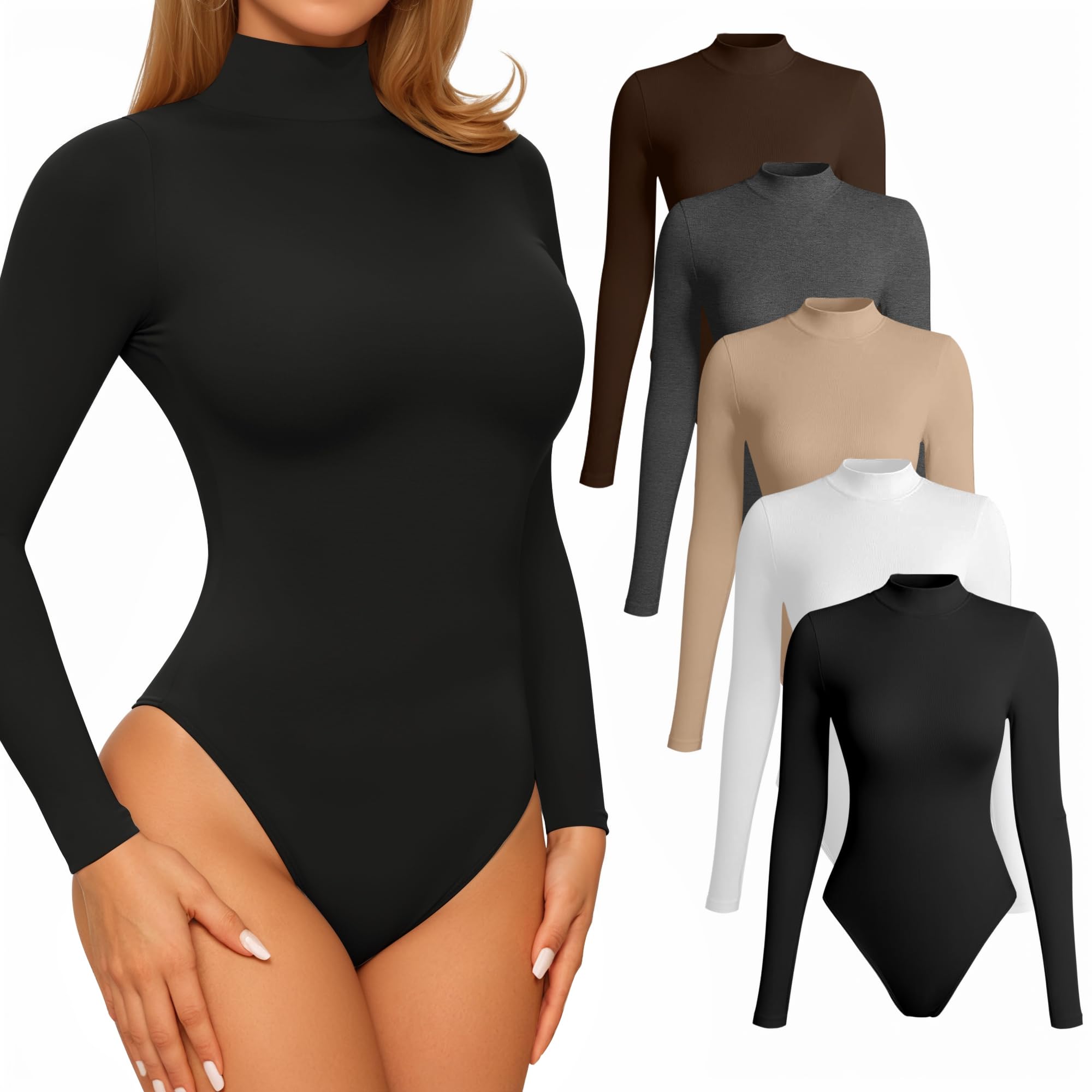 5er-Pack Langarm-Bodys mit Stehkragen für Damen, sexy Rollkragen-Body für Damen, Basic-T-Shirt, Body, Tops