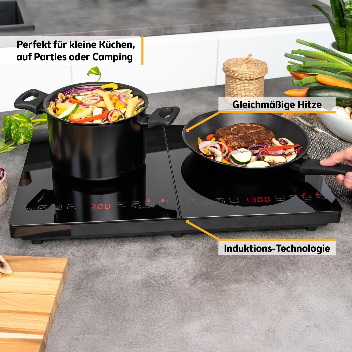 TZS First Austria - Induktionsdoppelkochplatte 3500W - 10 Temperaturstufen - Kristallglas - Digitales Kochfeld mit Touch-Sensor, Timer & Überhitzungsschutz - Ø 260 mm - Schwarz